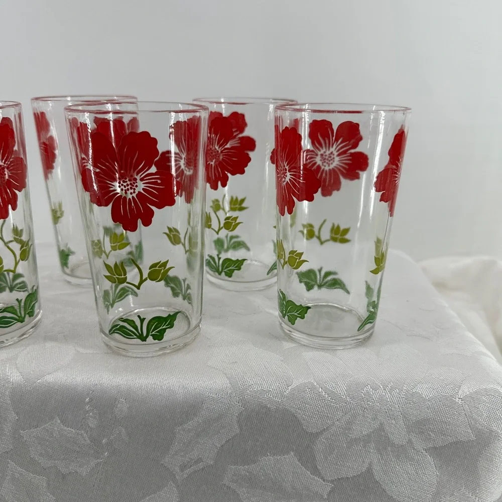 Vintage Federal Glass Tumblers Floral Set 7 Excellent Mid Century Modern Retro